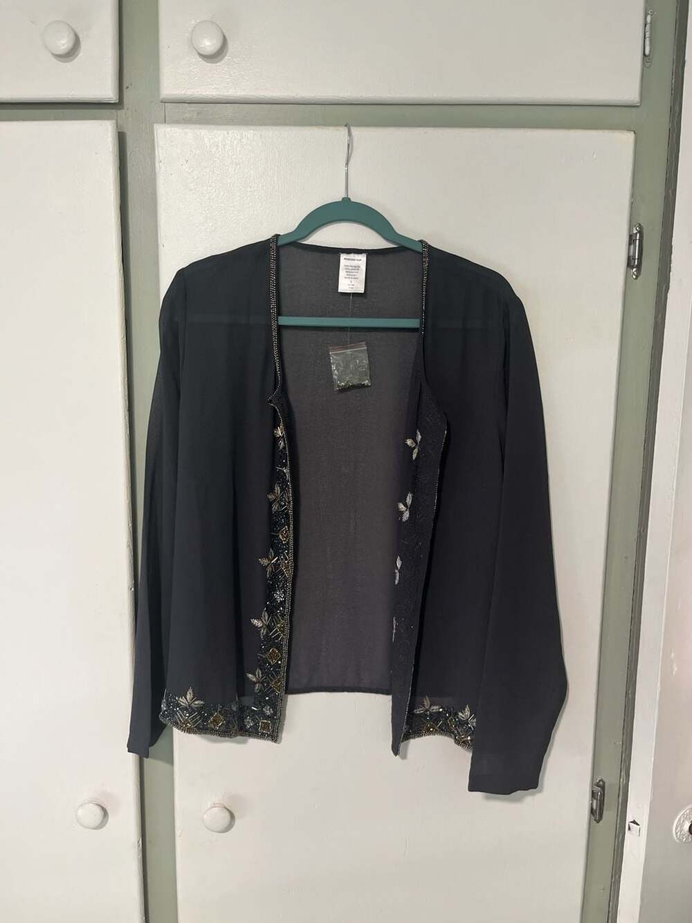 Bedford Fair Black Sheer Beaded Open Front Cardigan Jacket